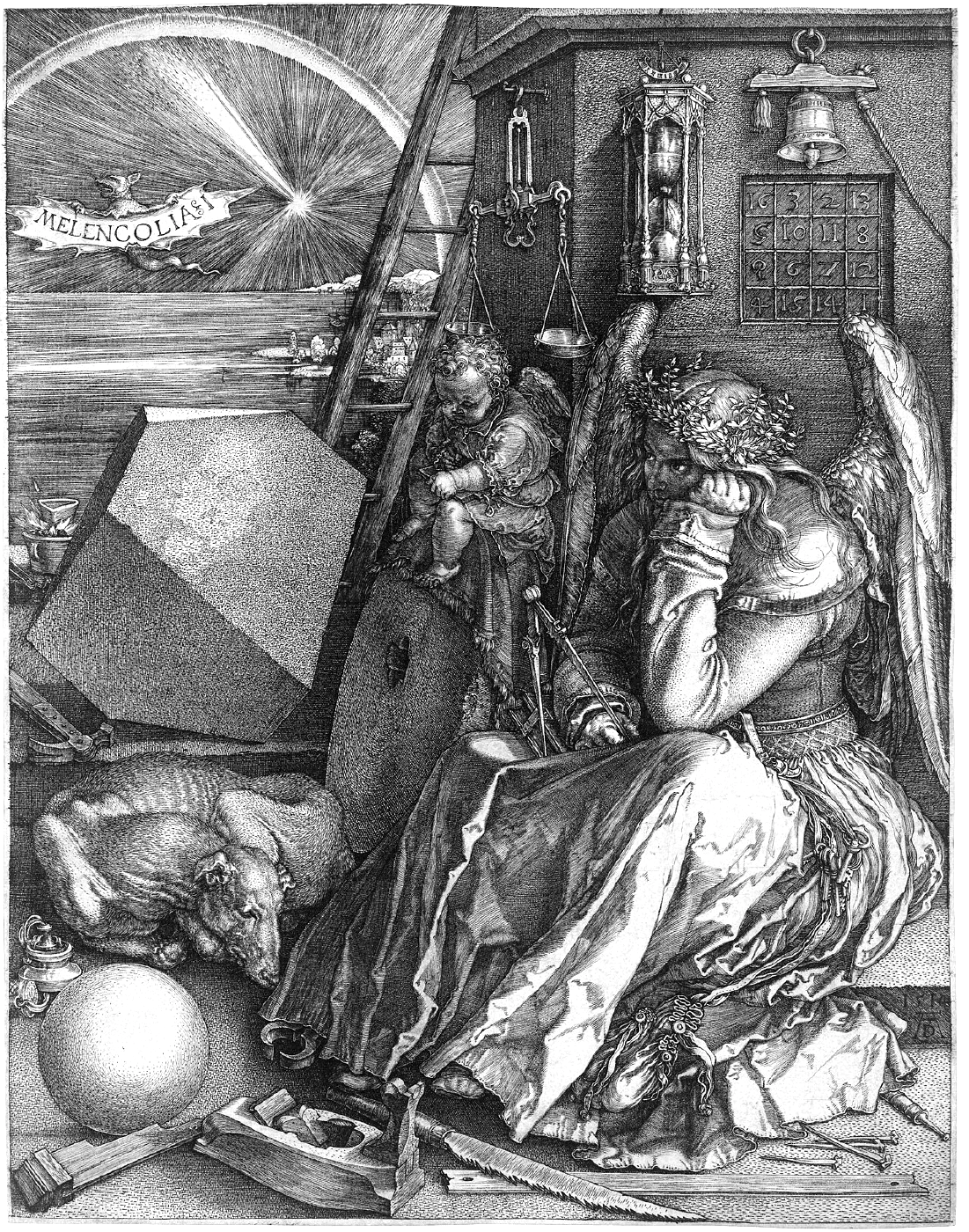 Gravure : une figure ailée assise, la tête dans la main, entourée d'outils abandonnés, d'un polyèdre de pierre, d'une sphère, d'un compas et, au mur, d'un sablier et d'une cloche