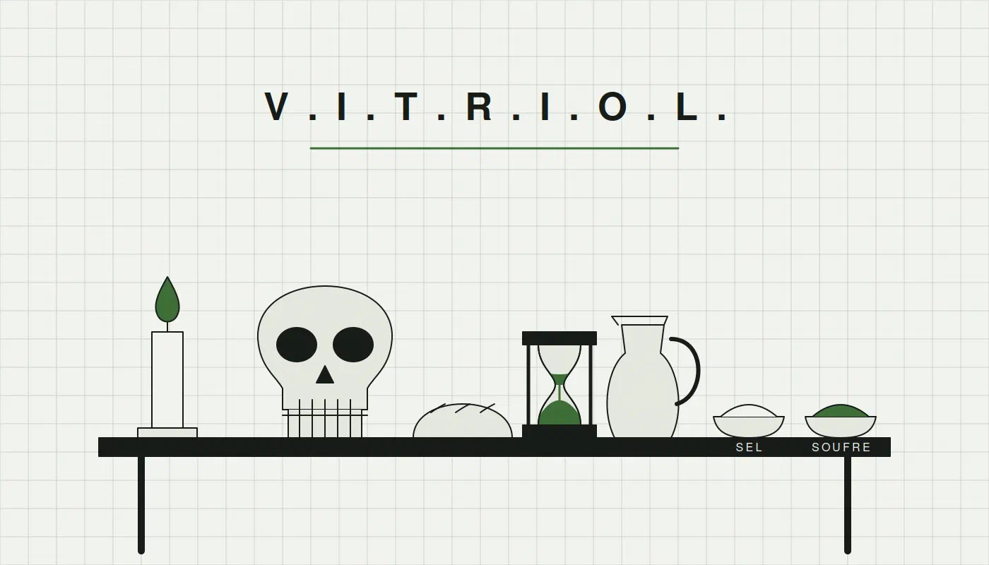 Dessin au trait : sur une table, une bougie, un crâne, un pain, un sablier, une cruche et deux coupelles de sel et de soufre ; au-dessus, l'inscription V.I.T.R.I.O.L.
