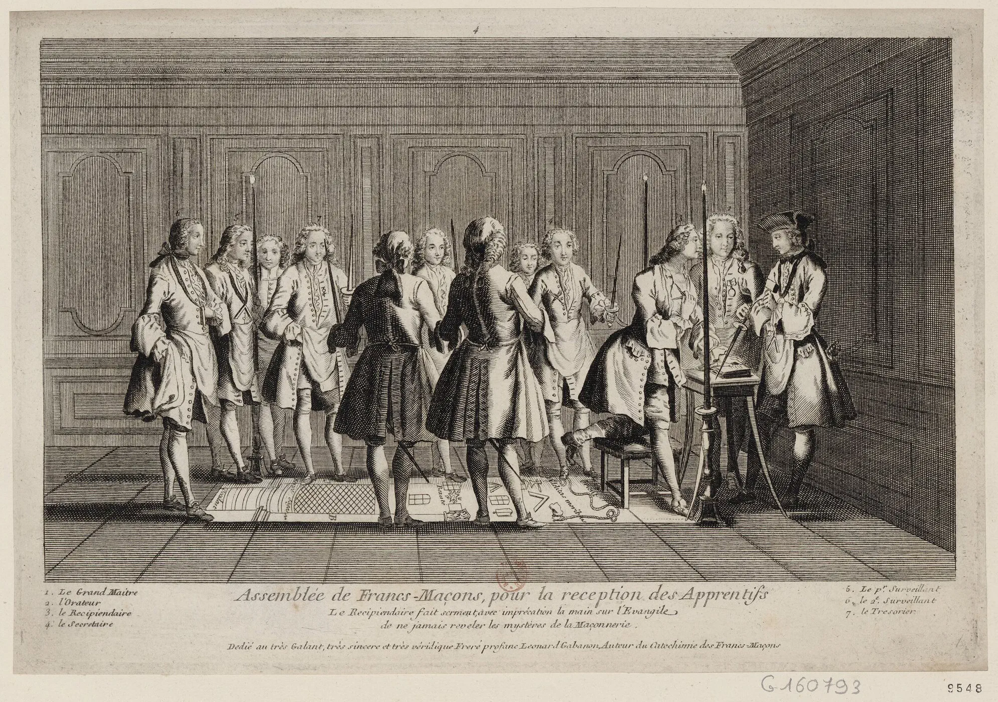 Gravure du XVIIIe siècle : une assemblée de francs-maçons en habit, réunie dans une salle lambrissée autour d'un tapis de loge, pour la réception d'un apprenti