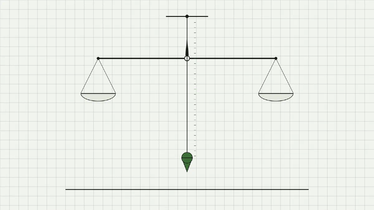 Dessin au trait : une balance aux plateaux à l'équilibre, dont l'axe est un fil à plomb