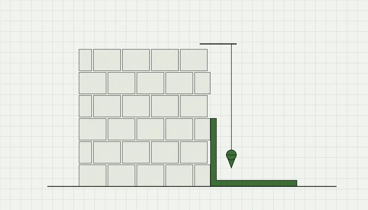 Dessin au trait : un mur de pierres, une équerre posée à son pied et un fil à plomb tendu le long du parement